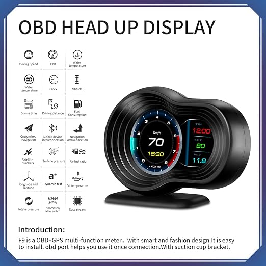 obd2 Gauges Display Heads up Display for Cars F9 with Navigation, Digital Speedometer for Car with Water Temperature, Voltage, Fuel Consumption, RPM,Multiple Alarm Functions, Speedometer Plug and Play