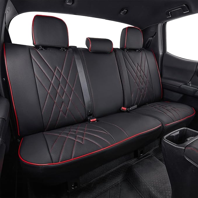 EKR Custom Fit Tacoma Rear Car Seat Covers for Toyota Tacoma 2016 2017 2018 2019 2020 2021 2022 2023 Access Cab - Second Row Only,Faux Leather(Black with Red Trim)