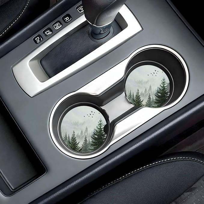 Forest Car Cup Holder Coaster 2 Pack Absorbent Ceramic Car Coasters for Cup Holders Car Accessories Interior for Women Men Universal Anti Slip Cork Base Cup Coasters with Finger Notch
