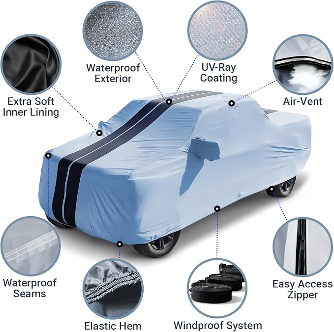 iCarCover Premium Heavy Duty Truck Car Cover - Waterproof All Weather Rain Snow UV Protection F-250 Super Duty, Ram 1500 Classic, Silverado, Sierra 2500, Size T80 (See Size Chart), Stripe - Gray/Black