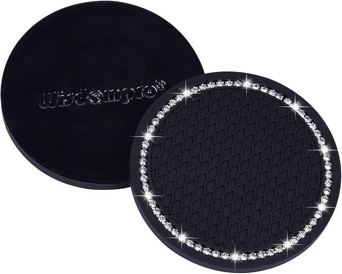 Bling Car Coasters, Wisdompro 4 Pack PVC Car Cup Holder Insert Coaster - Anti Slip Universal Vehicle Interior Accessories Crystal Glitter Cup Mats for Women and Men(2.75" Diameter, Black)