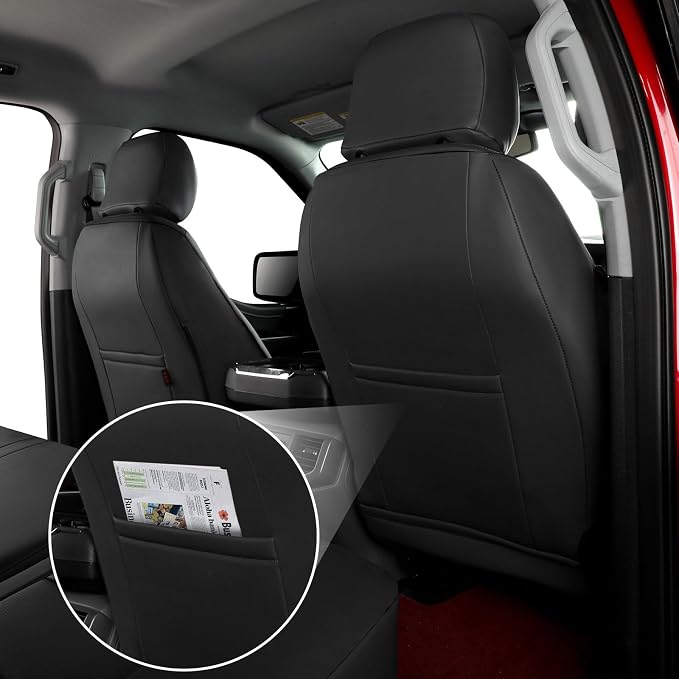 coverdream F150 Leather Seat Covers Fit for 2015-2020 Ford F150 SuperCrew XL,XLT & 2017-2022 F250 F350 F450 Crew Cab XL,XLT Pickup,w/No Rear Armrest,Waterproof Truck Seat Protector(Full Set,Black)