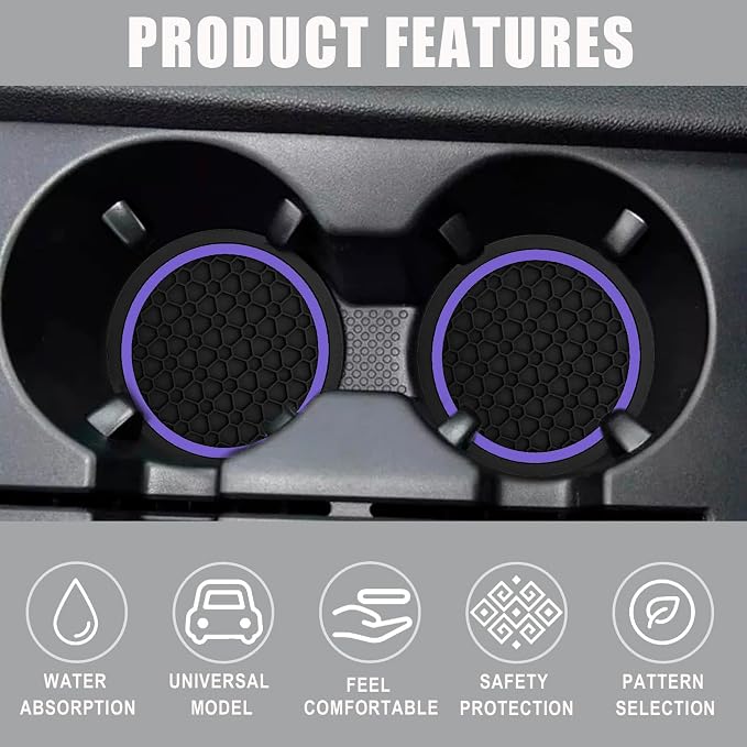 Car Cup Holder Coasters, Dustproof Automotive Interior Accessories Mat,2.75 Inch Non-Slip Insert Water Bottle Holder Pads, Universal for Vehicles, Trucks, RVs and More (Black/Purple, 2PCS)