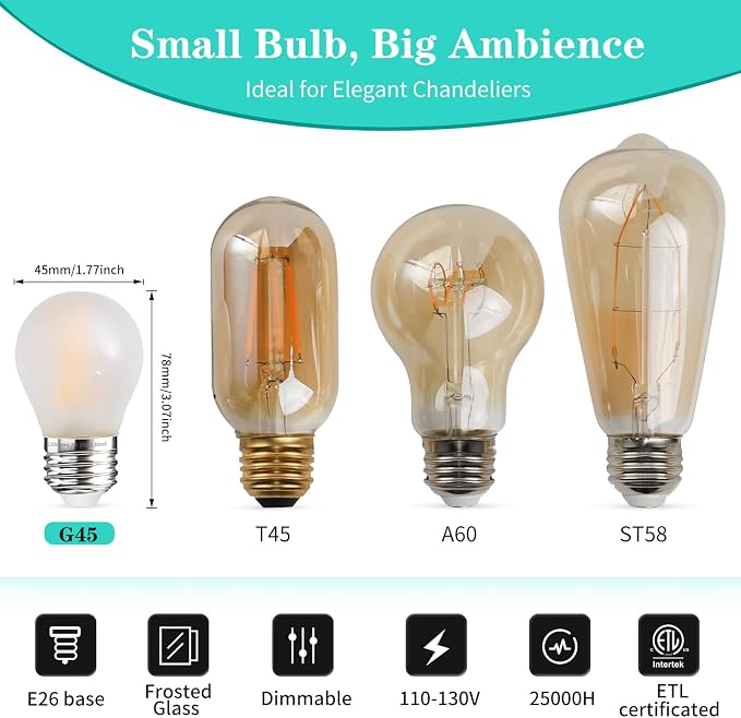 Frosted G45 25W LED Bulbs,E26 Dimmable 2700K Small Vintage Edison Bulbs 6PK | AMDTU 2700K Warm White Frosted Low Watt Globe LED Bulbs,2W Replaces 25W for Ceiling Fans,Pendant,Vanity & Table Lamps.6Pack