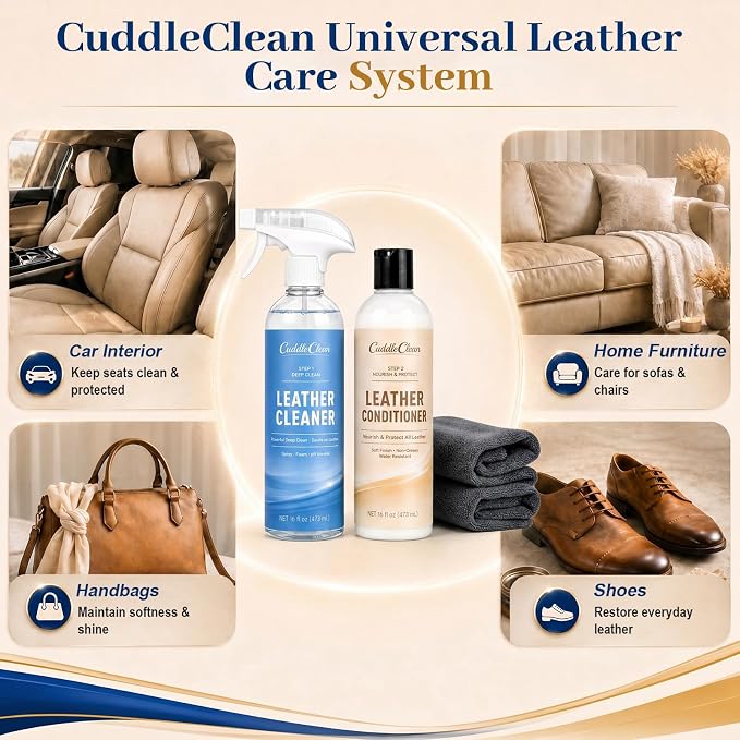 Leather Cleaner and Conditioner Kit (2×16oz) – 2-Step Leather Care System | Deep Clean & Nourish, Non-Greasy, Safe for Car Seats, Couches, Shoes & Furniture, and more