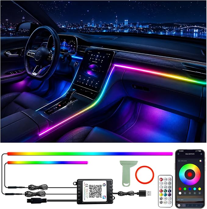 RGB-IC Car Led Strip Lights, Interior Car Lights, App and Remote Control Ambient Lighting Kit with 16 Million Colors Fiber Optics&Music Sync Rhythm, USB Neon Light Accessories for Center Console&Door