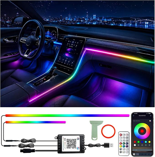 RGB-IC Car Led Strip Lights, Interior Car Lights, App and Remote Control Ambient Lighting Kit with 16 Million Colors Fiber Optics&Music Sync Rhythm, USB Neon Light Accessories for Center Console&Door