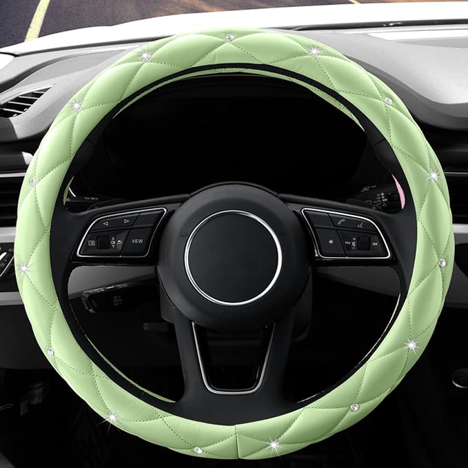 YOGURTCK Cute Diamond Soft Leather Anti-Slip Steering Wheel Cover with Bling Bling Crystal Rhinestones, Universal 15 Inch for Women Girls, Fit Vehicles, Sedans, SUVs, Vans, Trucks - Neon Green