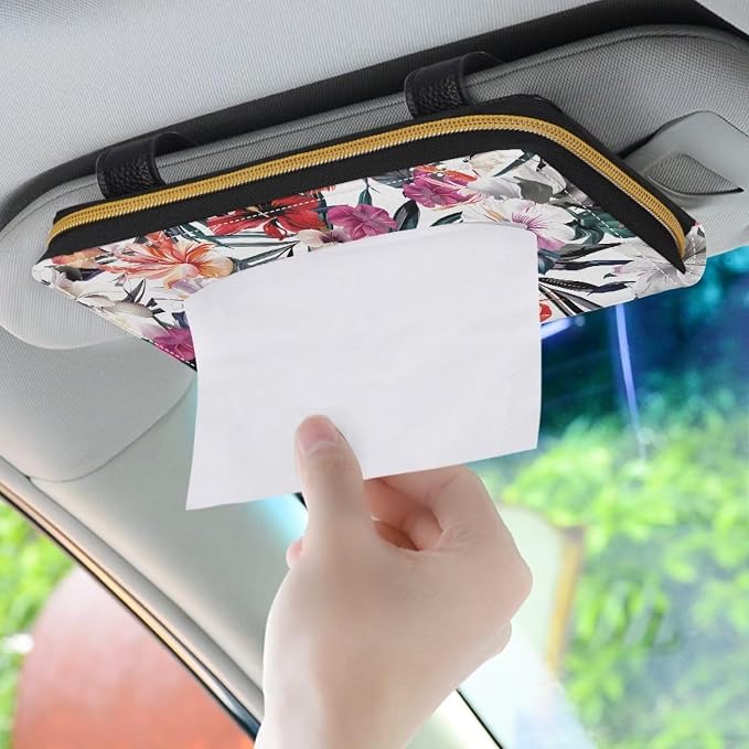 Tropical Floral Car Tissue Box Sun Visor Napkin Holder PU Leather Tissues Box Cover Universal Car Tissue Holder for Car Sedans SUV