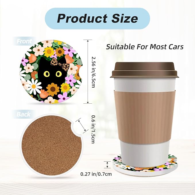 Flower Cute Black Cat Car Coasters for Cup Holders,2 Pack Car Cup Holder Coasters for Car,Ceramic Absorbent Car Coaster with A Finger Notch and Cork Base,Car Interior Accessories for Women Men