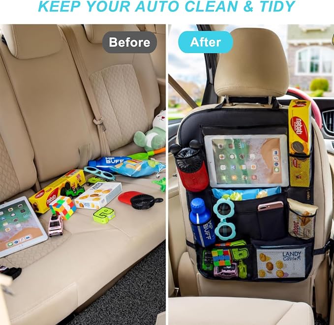 Matenf Backseat Car Organizer with 9 Storage Pockets | 10" Tablet Holder, Keep Car Organized & Tidy, Seat Back Cover for Kid Toddler, Kick Mats Protector, Travel Accessories, 1 Pcs