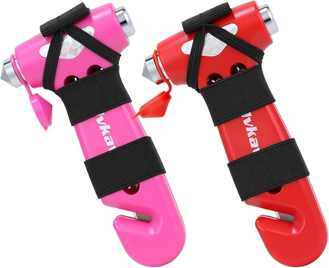 Window Breaker, 3-in-1 Emergency Escape Tool with Car Safety Hammer and Seat Belt Cutter, Safety Emergency Car Escape Tool Gift for Women (Pink and Red)