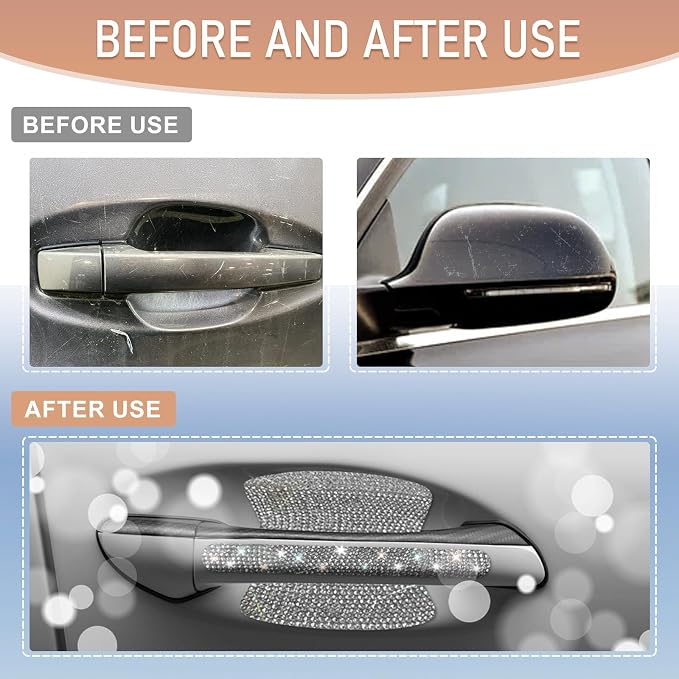 10 PCS Bling Car Door Handle Protector, Shiny Crystal Rhinestone Anti-Scratch Universal Cars Door Handle Protective Cover, Glitter Auto Accessories for Women (White)