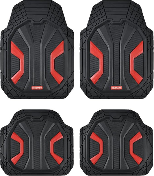 Coverado Car Floor Mats for Cars, Deep Dish All Weather Floor Mats, Car Floor Mats All Weather with Anti-Slip Backing, Car Mats Universal Trim to Fit Car Mat for Cars SUV Truck Vans (4 Pcs, Black&Red)