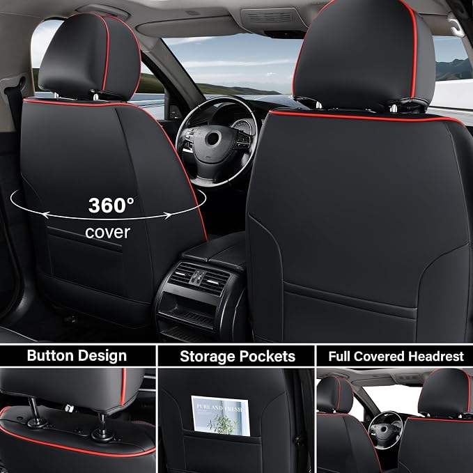 Coverado Seat Covers, Car Seat Covers Front Seats, Waterproof Nappa Leather Auto Seat Cover with Lumbar Head Pillow, Black Redline Seat Covers Carseat Cover Universal Fit for Most Cars
