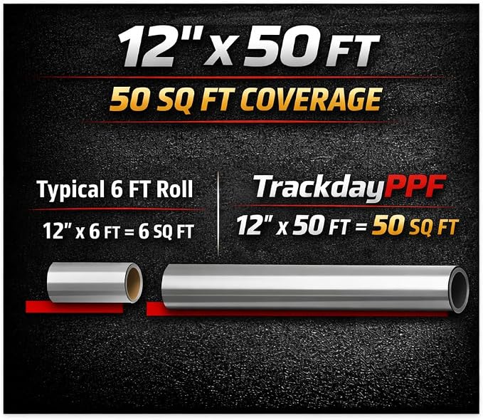 12" x 50' Clear Paint Protection Film Roll – 6.5mil TPU PPF for Car, Track Day, Road Debris, High Gloss Paint Shield Against Rubber, Dirt, and Road Debris for Track Day, Road Trips, and DIY Install