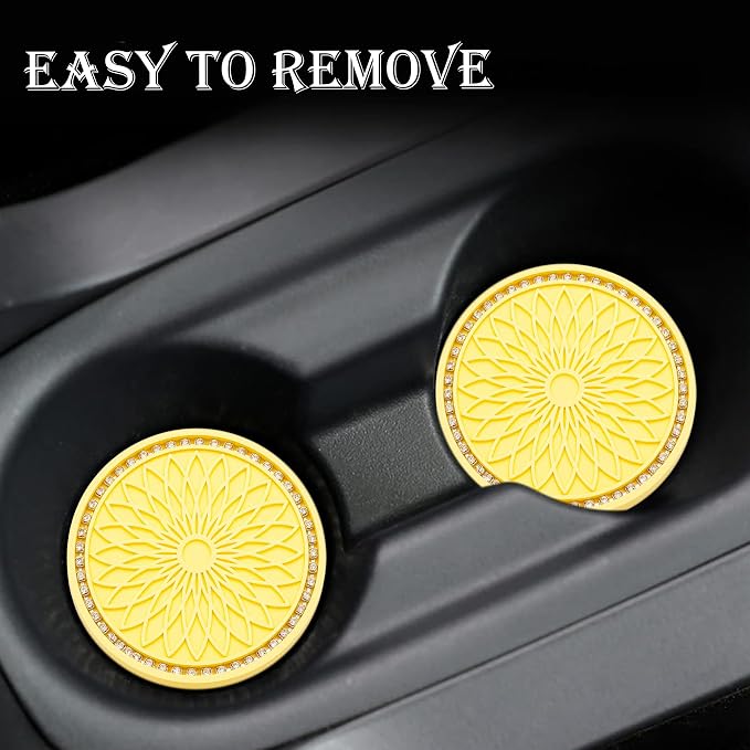 2PCS Bling Car Cup Holder Coasters, 2.75 Inch Silicone Anti-Slip Insert, Bling Shockproof Cup Mat for Women Girls, Universal Fit for Most Vehicles (Yellow & White)