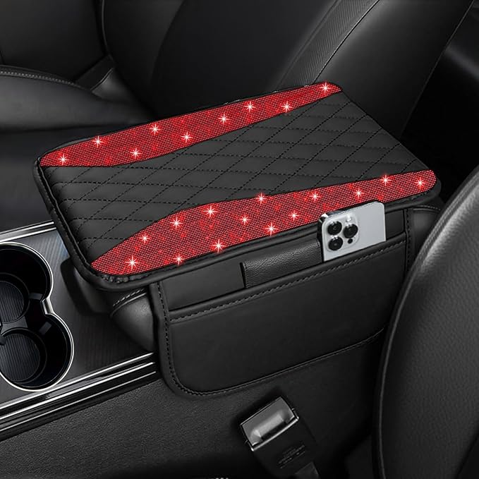 NBTEPEM Bling Car Center Console Cover, Leather Arm Rest Cover for Car with 2 Storage Bags, Universal Car Middle Console Cover Diamond Car Accessories Interior Fit for Most Vehicles, Red Diamond
