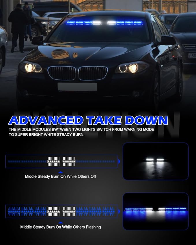HLauto 604N Emergency Dash Strobe Lights: 2x16.8 inch Blue Security Light w/Take Down, 48 LED Safety Flashing Warning Hazard Interior Windshield Light Bar for Trucks Vehicles