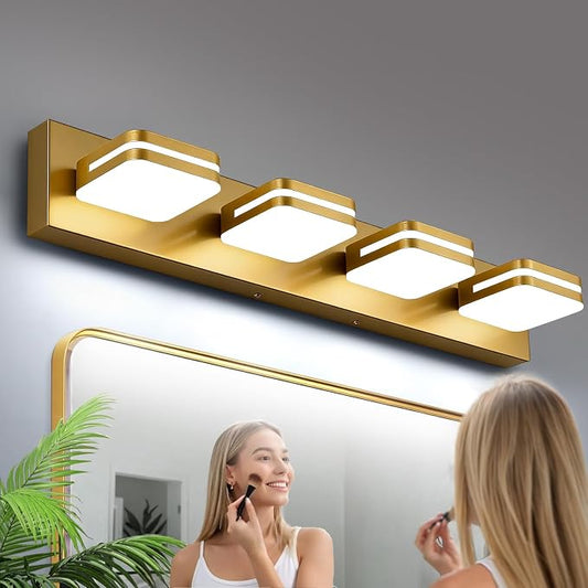 Torondo 360° Rotate LED Bathroom Vanity Light Fixtures, Acrylic Vanity Lights for Bathroom, Modern Wall Lighting Fixtures Over Mirror Living, Gold, Natural White, 4-Light, 27-Inch