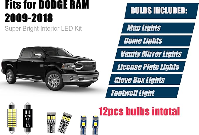 AWALITED 12pcs RAM 1500 Interior LED Lights Kit Super Bright LED Map Dome Light Bulbs for 2009 2010 2011 2012 2013 2014 2015 2016 2017 2018 Dodge Ram 1500 2500 3500 Pickup Truck all models
