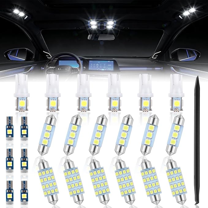 24PCS LED Interior Car Lights Kit - 42mm 36mm Festoon & T10 194 168 W5W T5 74 Canbus Error Free Super Bright 6000K White Dome Map Trunk License Plate Gauge Cluster Bulbs with Pry Tool