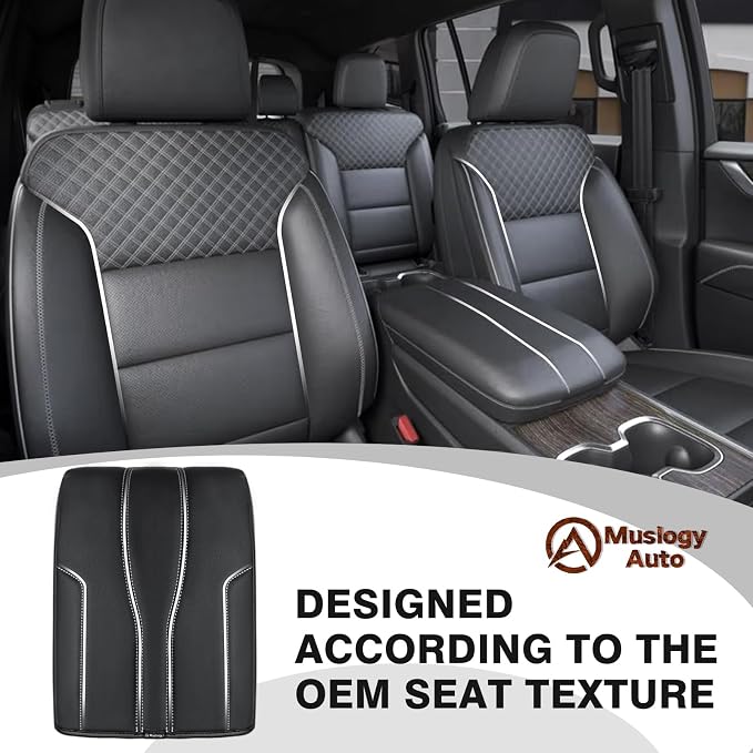 Muslogy Center Console Armrest Cover Fit for GMC Acadia & Chevy Traverse 2024-2026 Accessories, Comfort Armrest Pad Console Lid Cushion Protector Vegan Leather Regular Thick (Black/White Trim)