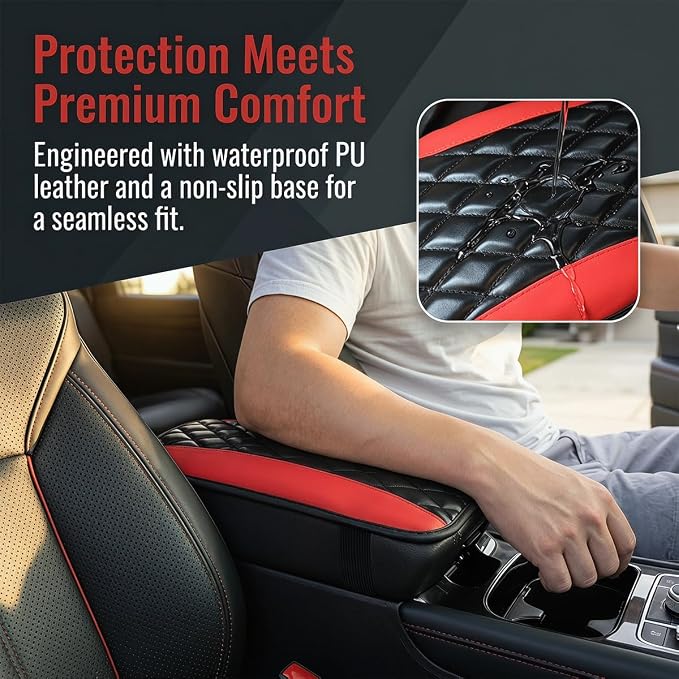 Moly Magnolia Car Center Console Cushion Pad, Universal Leather Waterproof Armrest Seat Box Cover Protector,Comfortable Car Decor Accessories Fit for Most Cars, Vehicles, SUVs (Black Red)
