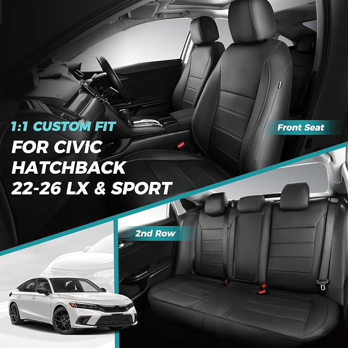 Seat Covers for Honda Civic Hatchback Sport, LX 2022-2026 & Hybrid Sport 2025-2026, Faux Leather Car Seats Cover Full Set Waterproof (60/40 Split Seatback-No Rear Armrest) Black