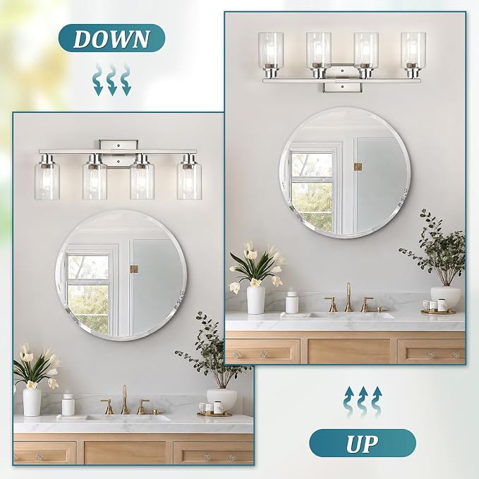 Unicozin Modern Brushed Nickel Bathroom Light Fixtures, 4-Light Vanity Lights Over Mirror with E26 LED Bulbs Included, Wall Sconce with Clear Glass Shades for Living Room Bedroom Hallway Kitchen
