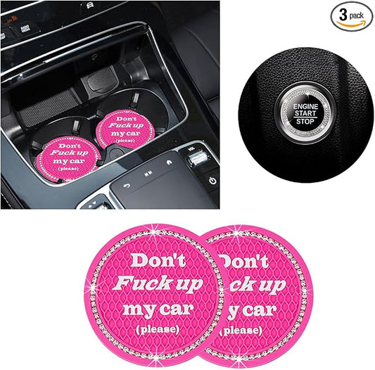 Ziciner 2 Pack Bling Car Cup Holder Coasters with Start Stop Button Cover, 2.75 inch Crystal Rhinestone Soft Rubber Auto Cup Insert Pad, Non-Slip Universal Vehicle Interior Accessories (Rose Red)