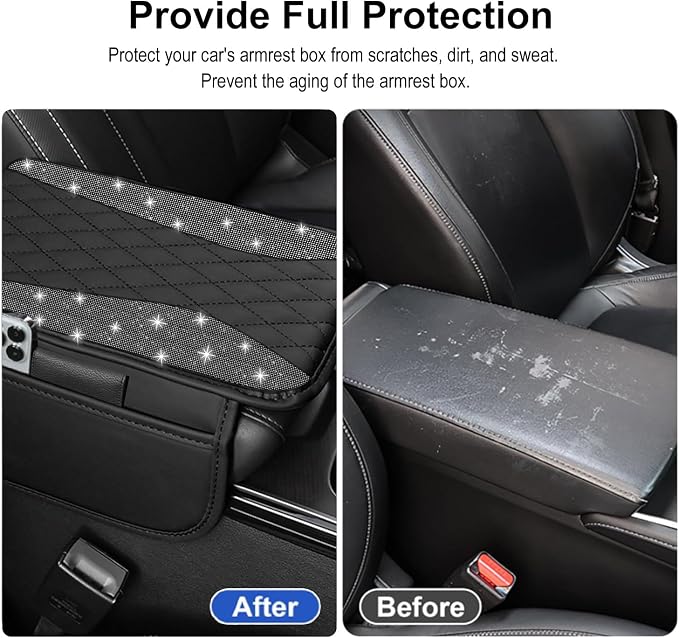 NBTEPEM Bling Car Center Console Cover, Leather Middle Console Cover with 2 Storage Bags, Universal Arm Rest Cover Protector, Bling Car Accessories Interior Fit for Most Vehicles, Black Diamond