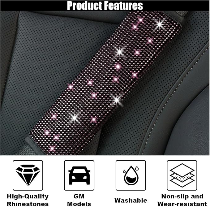 GLSOWEE 2PCS Bling Car Seat Belt Shoulder Pads for Women, Pink Diamond | Bling Rhinestones Seat Belt Covers, Car Seatbelt Strap Pad with Crystal Diamond, Car Interior Accessories for Car SUV