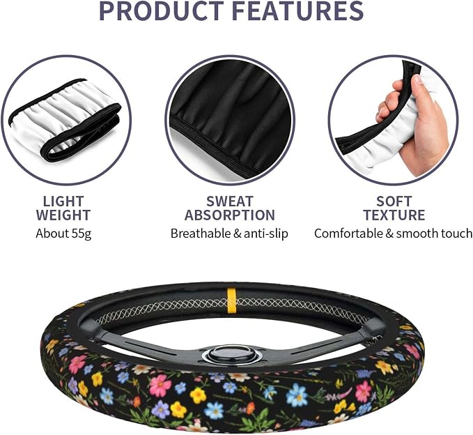 Wildflower Car Steering Wheel Cover - Multicolor Wildflower Steering Wheel Cover Anti-Slip Breathable Universal for 15 in 2 Pcs Car Interior Cup Holder Pad for Men Women