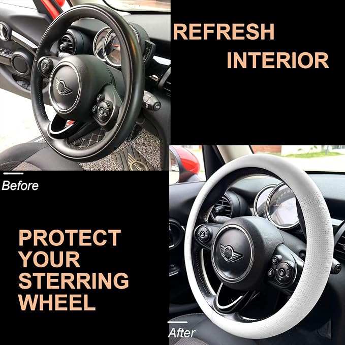 PINCTROT Nappa Leather Steering Wheel Cover, Slim Fit No Bulk Design, One Piece Leather with Breathable Perforation, Fit Like Gloves, Universal 14.5-15 Inch(Nappa White)