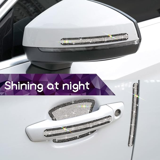 10PCS Car Door Handle Bling Rhinestones Stickers, Black & Sliver | Universal Auto Door Handle Safety Reflective Strips, Cute Car Decoration