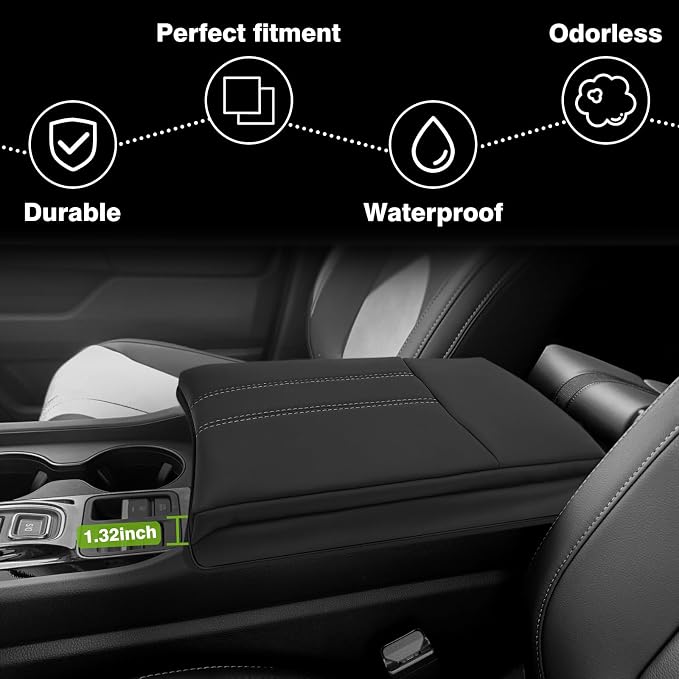 Muslogy Center Console Armrest Cover Fit for Honda Pilot 2023-2026, 2024-2026 Ridgeline/Passport Accessories, Comfort Armrest Pad Console Lid Cushion Vegan Leather 1-Inch Extra Thick