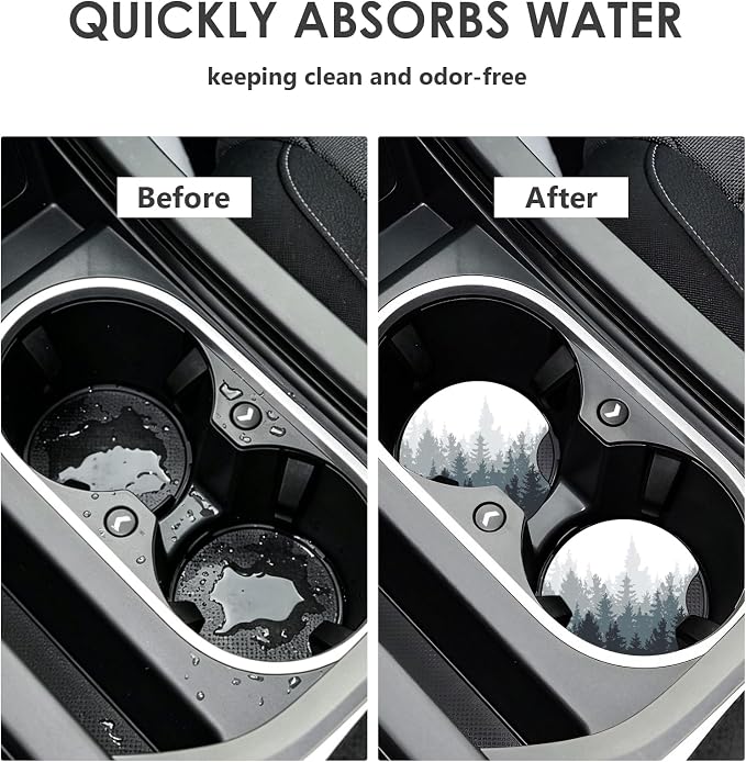 2 Pack Car Coasters，2.75-inch Neoprene Non-Slip Cup Holder Coasters for Car，Cute Car Interior Accessories for Men and Women，Ink Tree