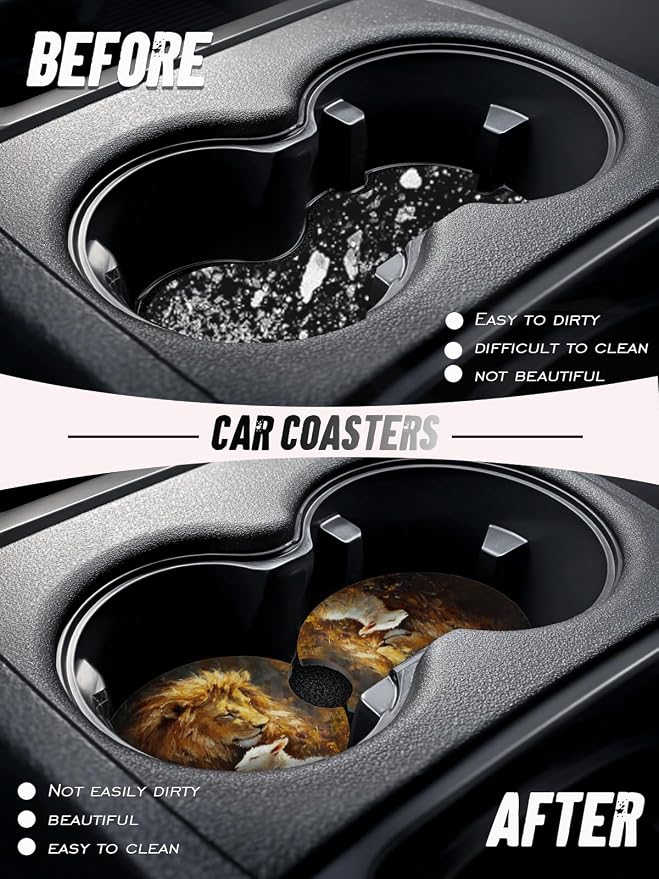 Car Cup Coasters,2 Pack Car Coaster,2.75inch Anti Slip and Absorbent Cars Coasters for Cup Holders,Neopren Accessories for Women,Cute Decor for Women (Lion)