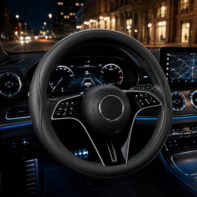 Car Steering Wheel Cover Full Surround - Soft Breathable Anti-Slip Heavyweight Safety Cover, Thick Cushioned Sports Style Universal Fit for Auto Truck SUV (Black)