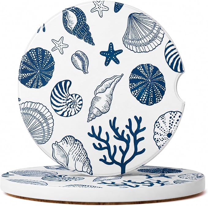 2Pack Car Cup Holder Coasters Absorbent Ceramic Coaster 2.56" for Women & Men Beach Shell Car Accessories