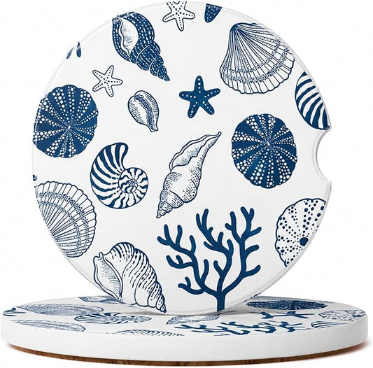 2Pack Car Cup Holder Coasters Absorbent Ceramic Coaster 2.56" for Women & Men Beach Shell Car Accessories