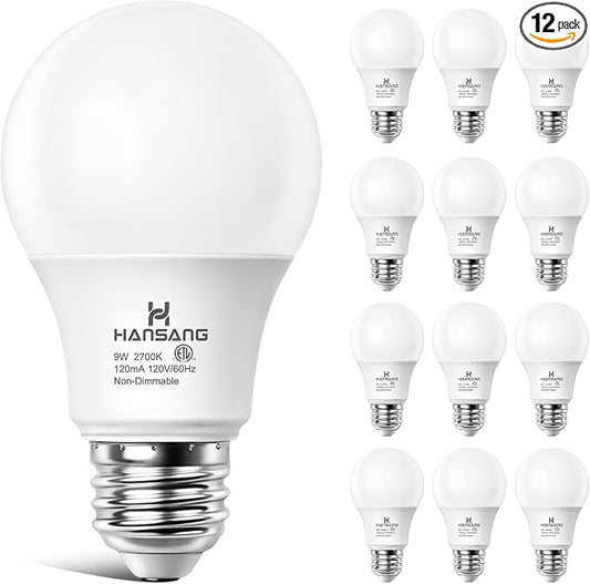12 Pack A19 LED Light Bulbs, 60W Equivalent, 2700K Soft Warm White LED Bulb with E26 Standard Base, Efficient 9W, Non-Dimmable, 800 Lumens, 120V, CRI 85, Eye-Friendly for Bedroom Living Room