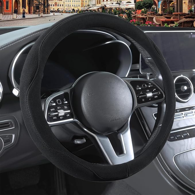 Black Suede Steering Wheel Cover Universal 14.5 inch to 15 inch | Warm in Winter and Cool in Summer, Felt Car Accessories, Breathable Non-Slip Sweat-Proof Wear-Resistant