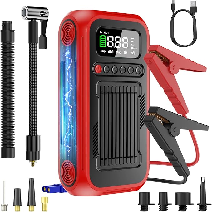 Tire Inflator Portable Air Compressor,12V Car Battery Jump Starter,5X Faster Air Pump For Car Tire with Digital Tire Pressure Gauge&LED Light&Auto Shut-Off,Cordless Pump for Car,Motor,Bicycle,ball