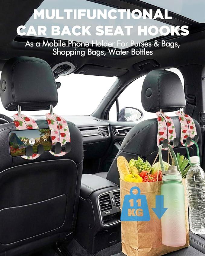 WOCOCN Purse Holder for Car, 2 Pack Heavy Duty Purse Hanger for Car, PU Leather Car Seat Hooks for Purses and Bags, Cute Strawberry Headrest Organizer for Handbags & Backpacks