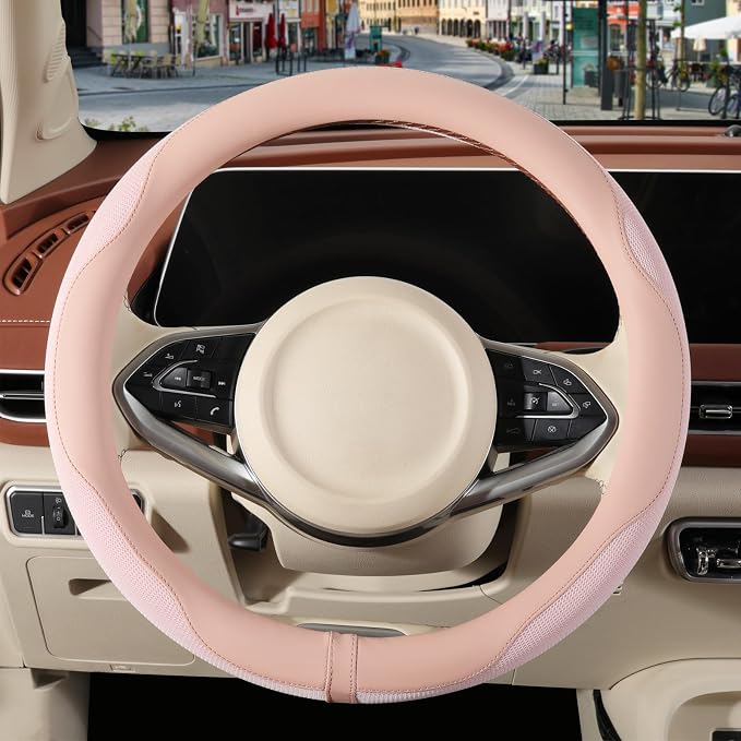 Nappa Leather Pink Steering Wheel Cover Women Large 16 inch | Non-Slip Breathable Microfiber Leather and Ice Silk Fabric, Warm in Winter and Cool in Summer, 15.5 inch to 16 inch
