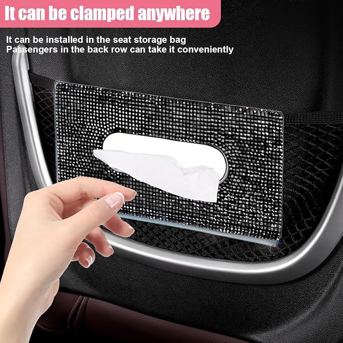Bling Car Sun Visor Tissue Box Holder, PU Leather Auto Paper Towel Cover, Glitter Crystal Rhinestone Napkin Holder, Car Decoration Accessories for Women (Black)