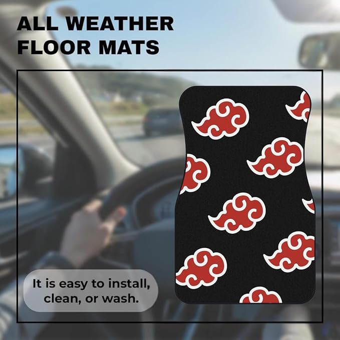 Anime-Inspired Car Floor Mat Set of 2 Front – Non-Slip Waterproof Auto Carpet Mats, Universal Fit Anti-Skid Rubber Backing, Interior Vehicle Floor Mat Accessories for Cars, Trucks & SUVs (Red Cloud)