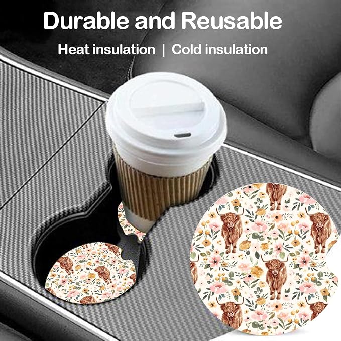 Ceramic Car Coasters – Absorbent Car Cup Holder Coaster Set for Women, Cute Aesthetic Car Accessories for Girls, 2 Pack (Mocha Mousse)